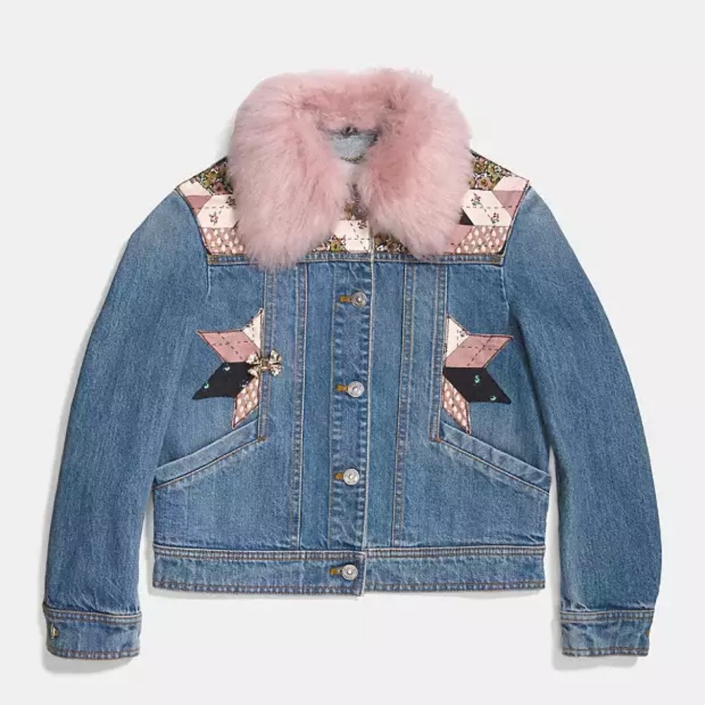 Extremely rare Coach quilted denim jacket with colorful patches EUC